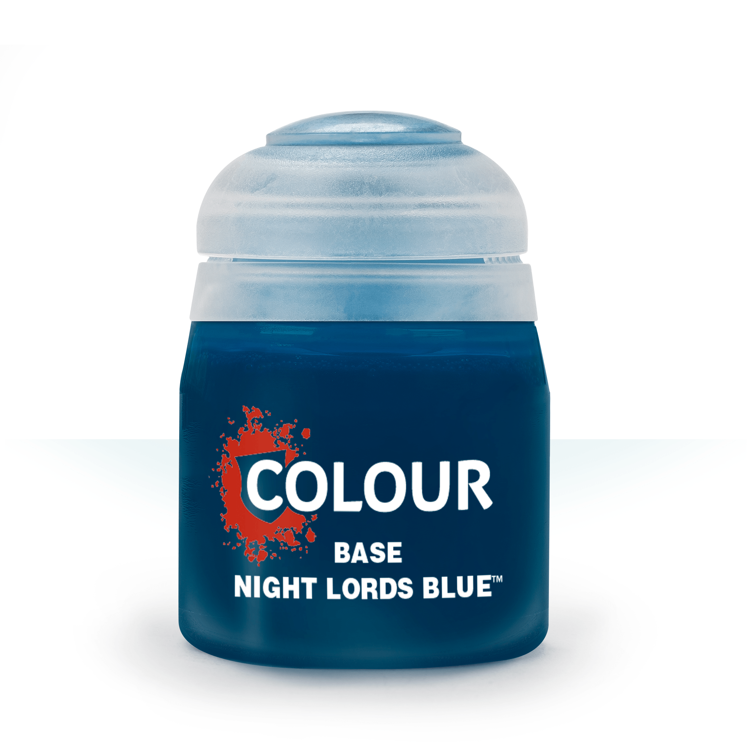 Citadel Base Paint: Night Lords Blue - Small round plastic paint pot with dark blue label and translucent gray lid, labeled Night Lords Blue base paint.