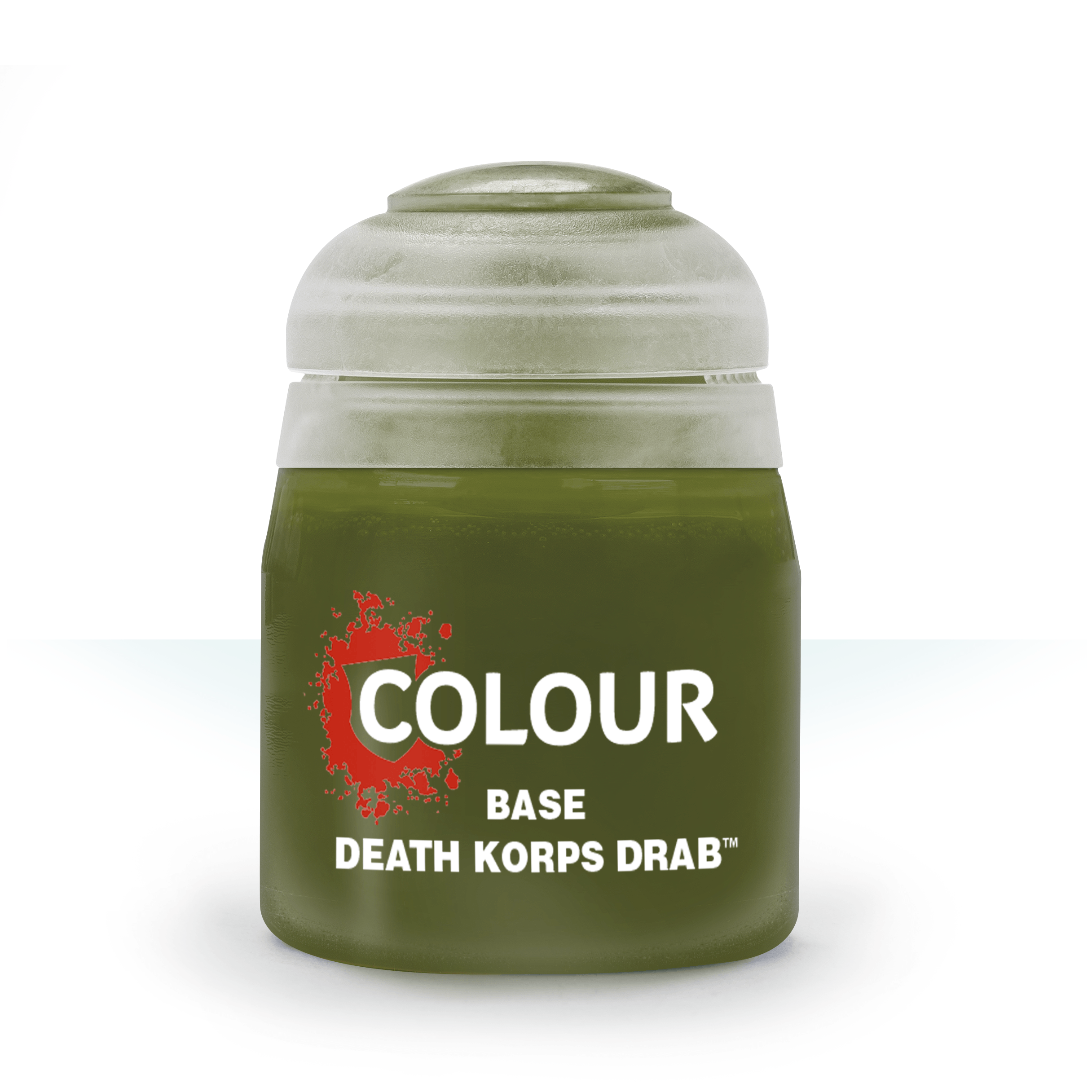 Citadel Base Paint: Death Korps Drab - Small cylindrical paint pot with a matte olive drab-green label and a clear plastic lid, labeled "Colour Base Death Korps.