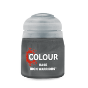 Citadel Base Paint: Iron Warriors - Small plastic pot of dark metallic gray Citadel base paint labeled Iron Warriors with flip-top lid.