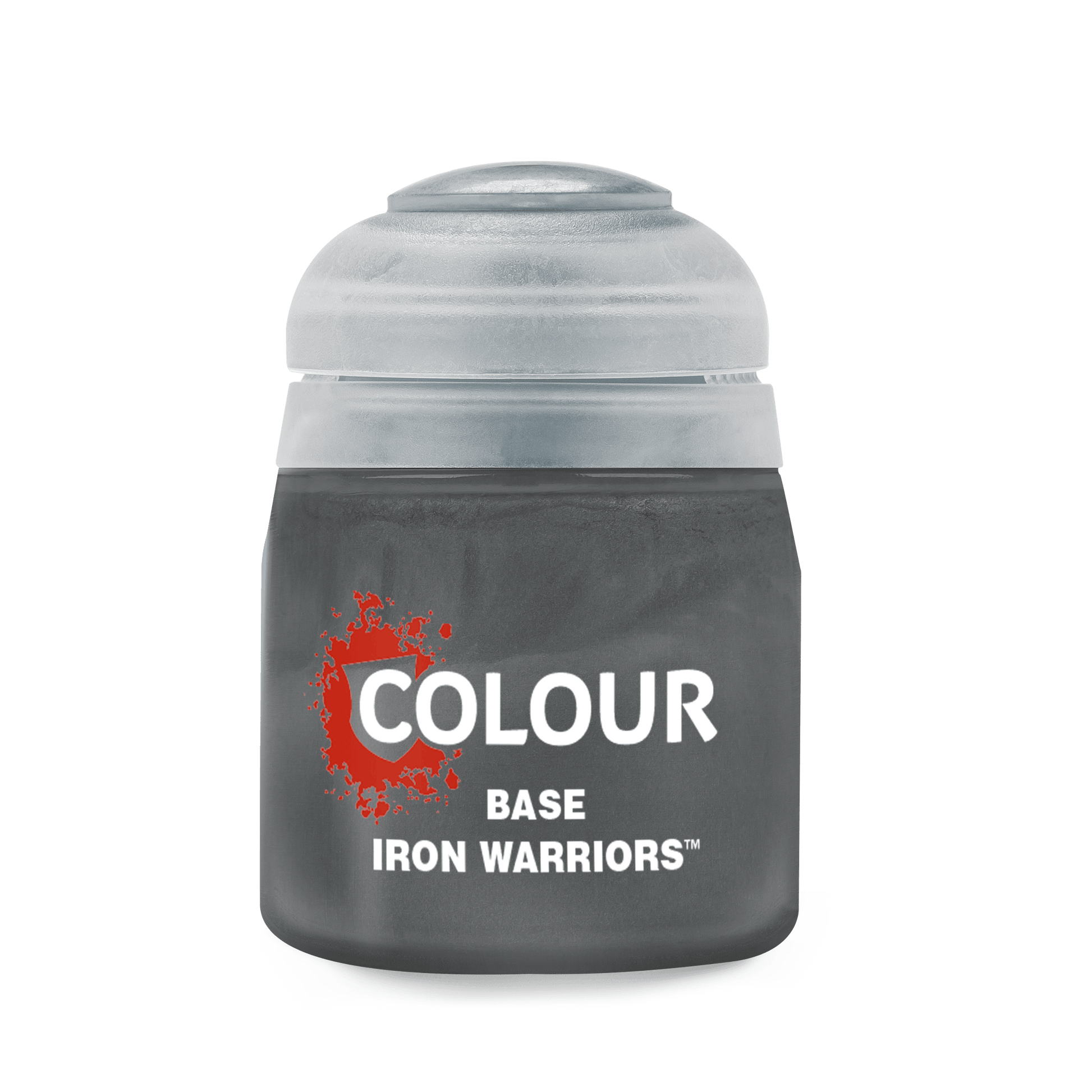 Citadel Base Paint: Iron Warriors - Small plastic pot of dark metallic gray Citadel base paint labeled Iron Warriors with flip-top lid.