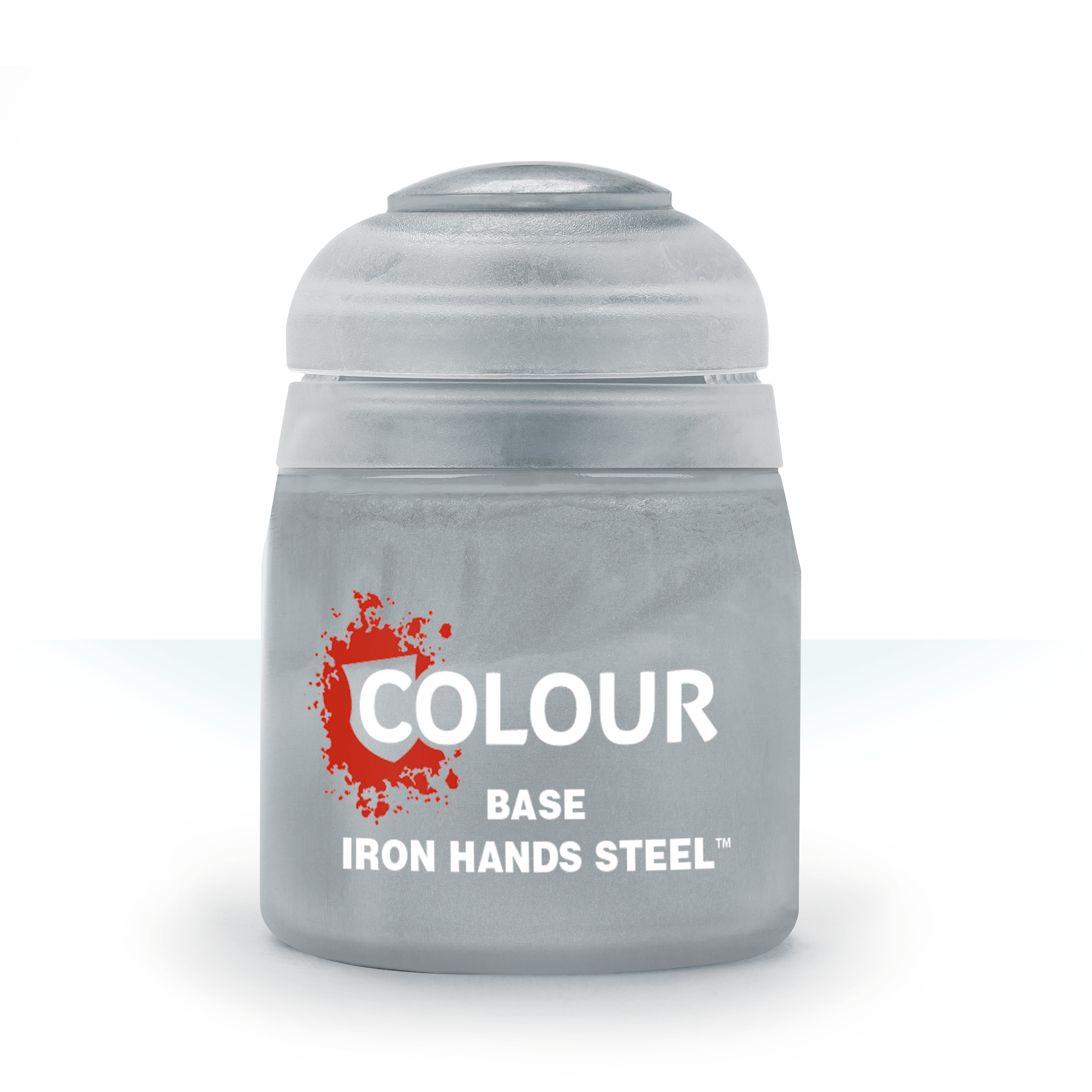 Citadel Base Paint: Iron Hands Steel - Small gray plastic paint pot with a screw-top lid, labeled "Colour Base Iron Hands Steel".