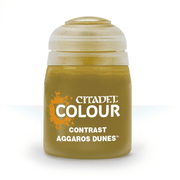 Citadel Contrast Paint: Aggaros Dunes - Small pot of Citadel Contrast Paint in yellowish-brown Aggaros Dunes shade with white text on front.
