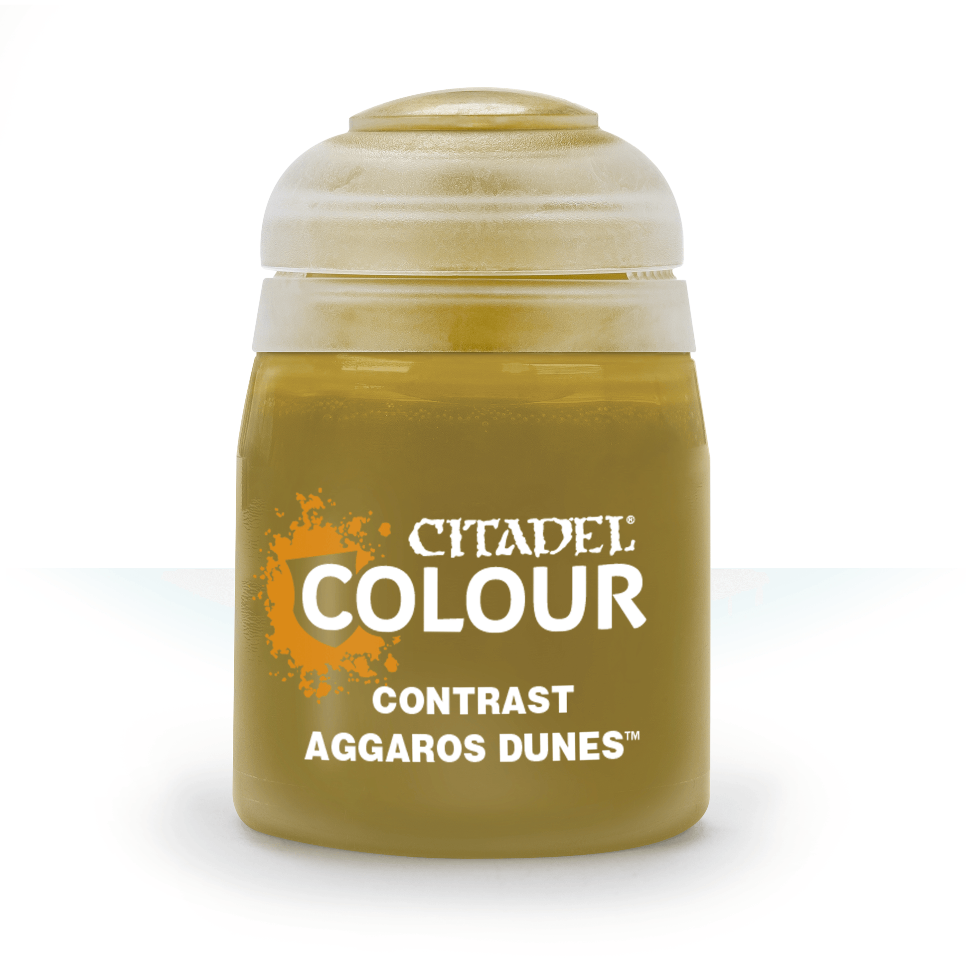 Citadel Contrast Paint: Aggaros Dunes - Small pot of Citadel Contrast Paint in yellowish-brown Aggaros Dunes shade with white text on front.