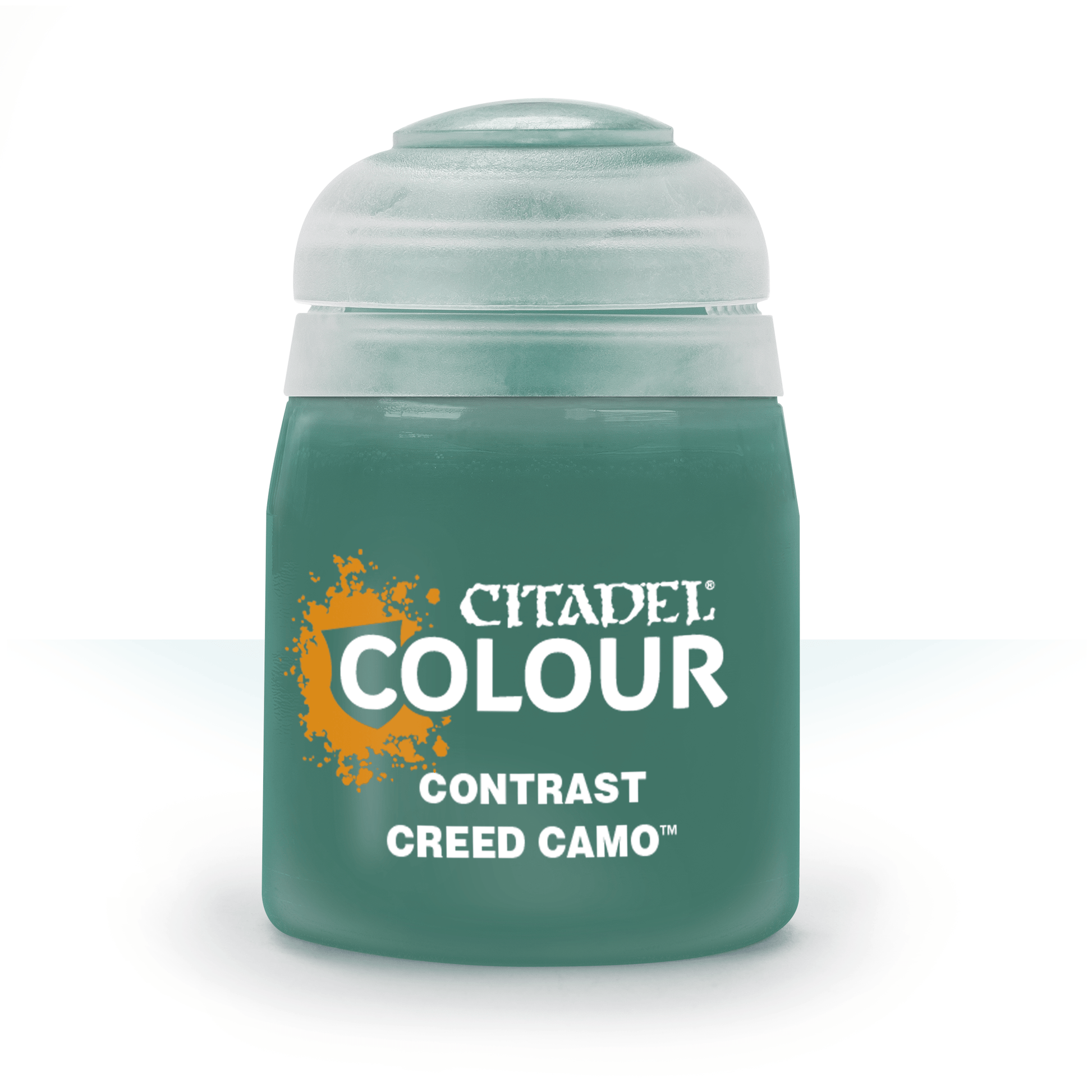 Citadel Contrast Paint: Creed Camo - Small cylindrical paint pot with matte green label reading Citadel Colour Contrast Creed Camo, topped with a transparent.