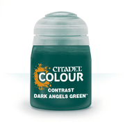 Citadel Contrast Paint: Dark Angels Green - Small clear plastic pot of dark green Citadel Contrast paint with wide dropper cap and white label text.