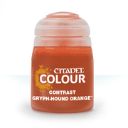Citadel Contrast Paint: Gryph-Hound Orange - Small clear plastic jar with bright orange label and orange paint inside, labeled Citadel Colour Contrast Gryph-Hound Orange.