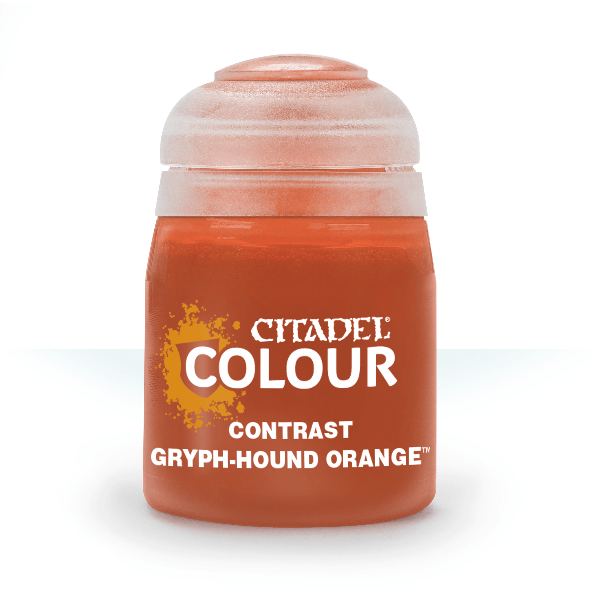 Citadel Contrast Paint: Gryph-Hound Orange - Small clear plastic jar with bright orange label and orange paint inside, labeled Citadel Colour Contrast Gryph-Hound Orange.