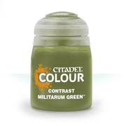 Citadel Contrast Paint: Militarum Green - Small cylindrical plastic bottle of olive green Citadel Contrast paint with a domed clear cap and white label text.