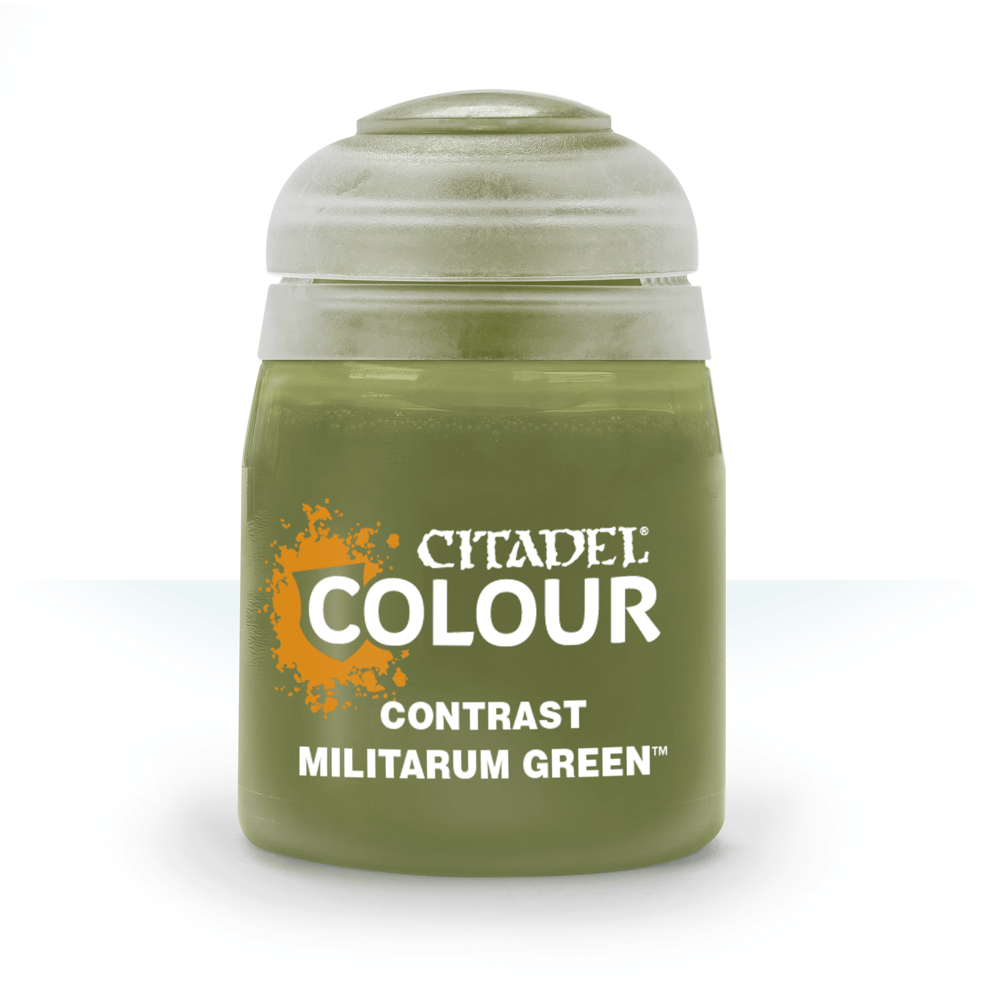 Citadel Contrast Paint: Militarum Green - Small cylindrical plastic bottle of olive green Citadel Contrast paint with a domed clear cap and white label text.