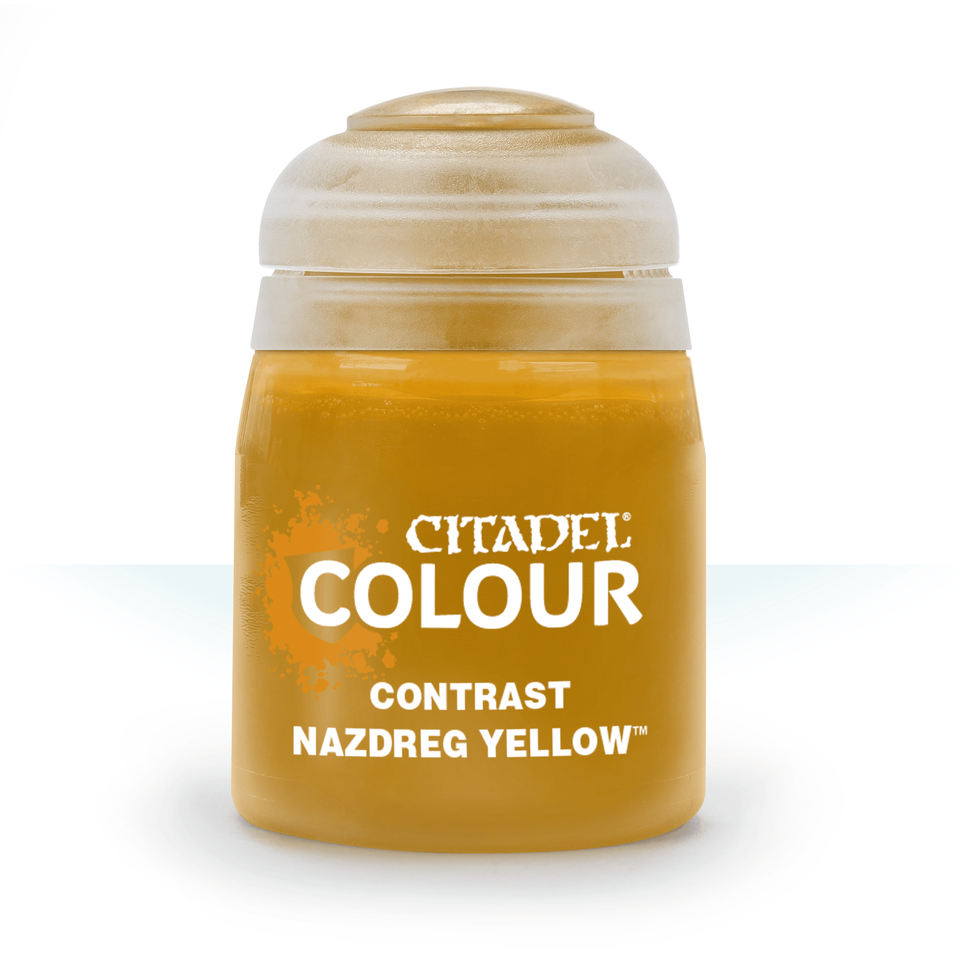 Citadel Contrast Paint: Nazdreg Yellow - Small plastic pot of Citadel Contrast paint in bright yellow with screw-on lid and white lettering.