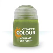 Citadel Contrast Paint: Ork Flesh - Citadel Contrast Paint jar in olive green with white and orange label reading Ork Flesh.