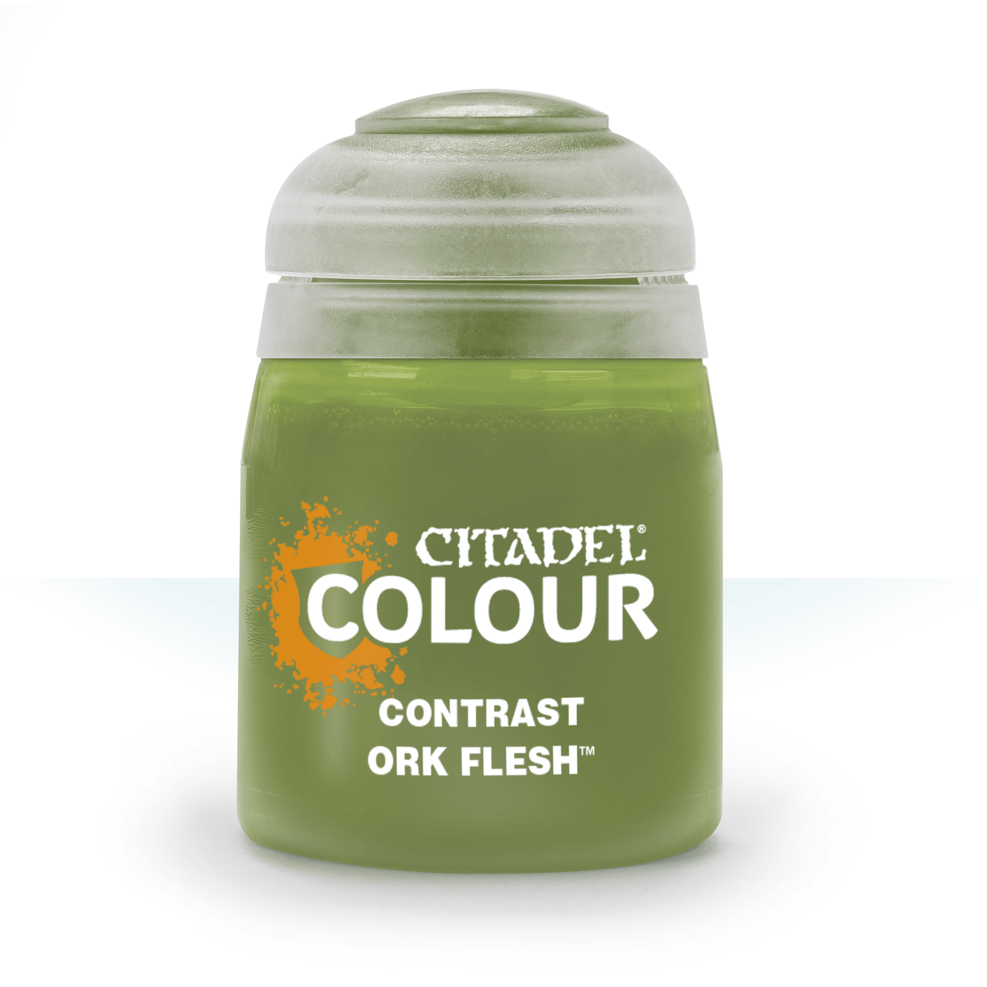 Citadel Contrast Paint: Ork Flesh - Citadel Contrast Paint jar in olive green with white and orange label reading Ork Flesh.