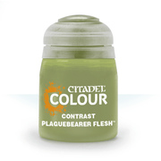 Citadel Contrast Paint: Plaguebearer Flesh - Small green plastic jar of Citadel Colour Contrast Paint labeled Plaguebearer Flesh with white and orange text.