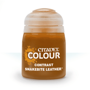 Citadel Contrast Paint: Snakebite Leather - Small plastic pot of Citadel Contrast paint in rich brown labeled Snakebite Leather with white text and beige cap.