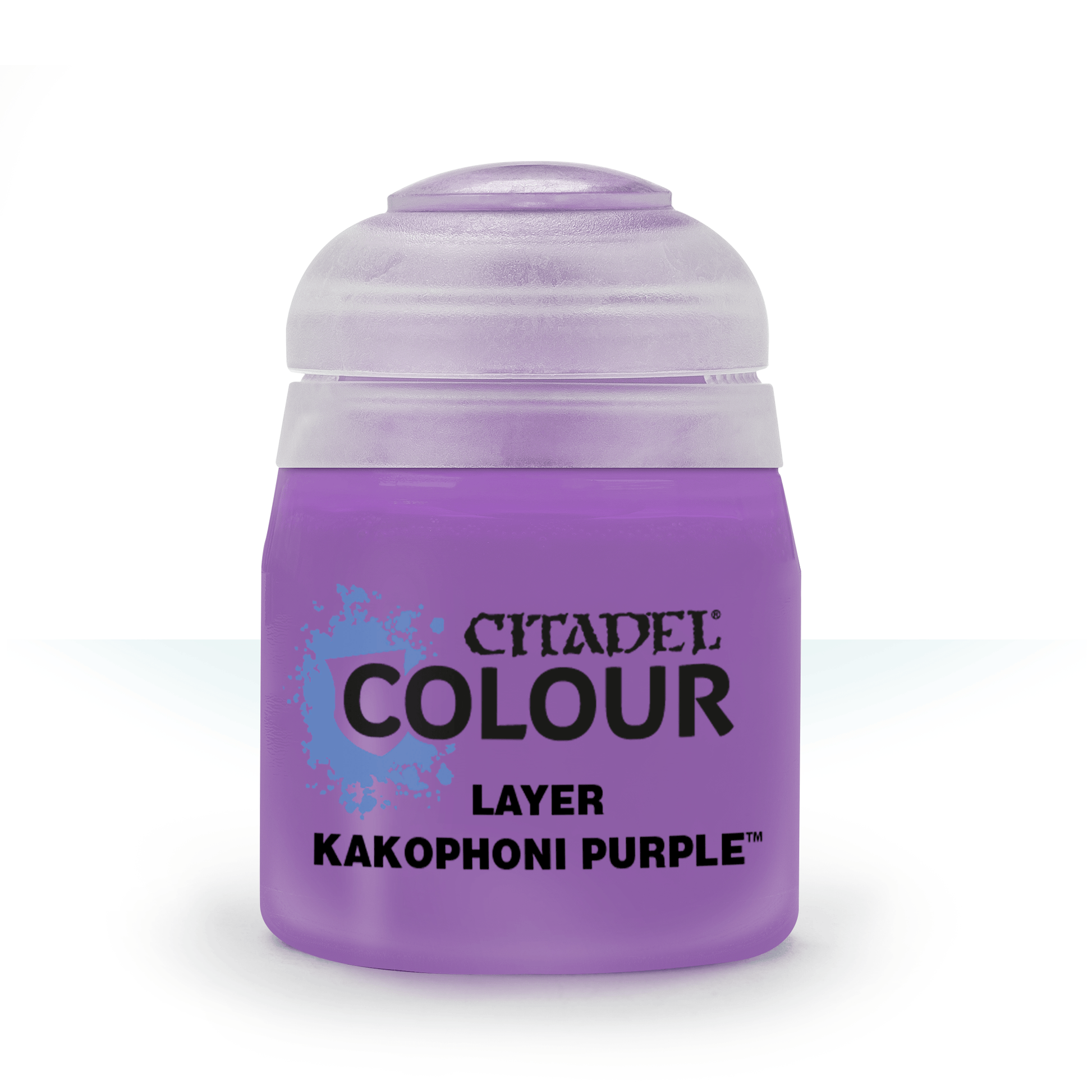 Citadel Layer Paint: Kakophoni Purple - Small frosted plastic paint pot filled with vibrant purple Citadel Layer Paint labeled Kakophoni Purple.