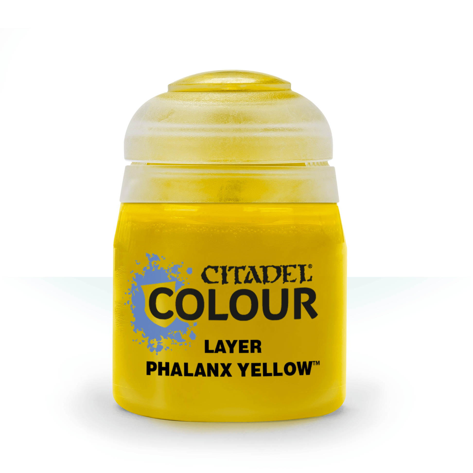 Citadel Layer Paint: Phalanx Yellow - Small round plastic pot of bright yellow Citadel Colour Layer paint with black text and a clear snap-on lid.