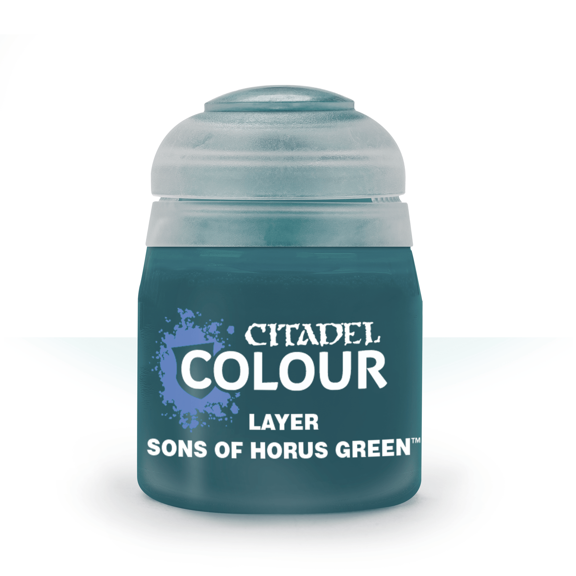 Citadel Layer Paint: Sons Of Horus Green - Small frosted plastic pot of Citadel Colour Layer paint in deep green labeled Sons of Horus Green.