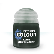 Citadel Layer Paint: Vulkan Green - Small frosted glass bottle with black label and white text, containing Vulkan Green Citadel Layer Paint.