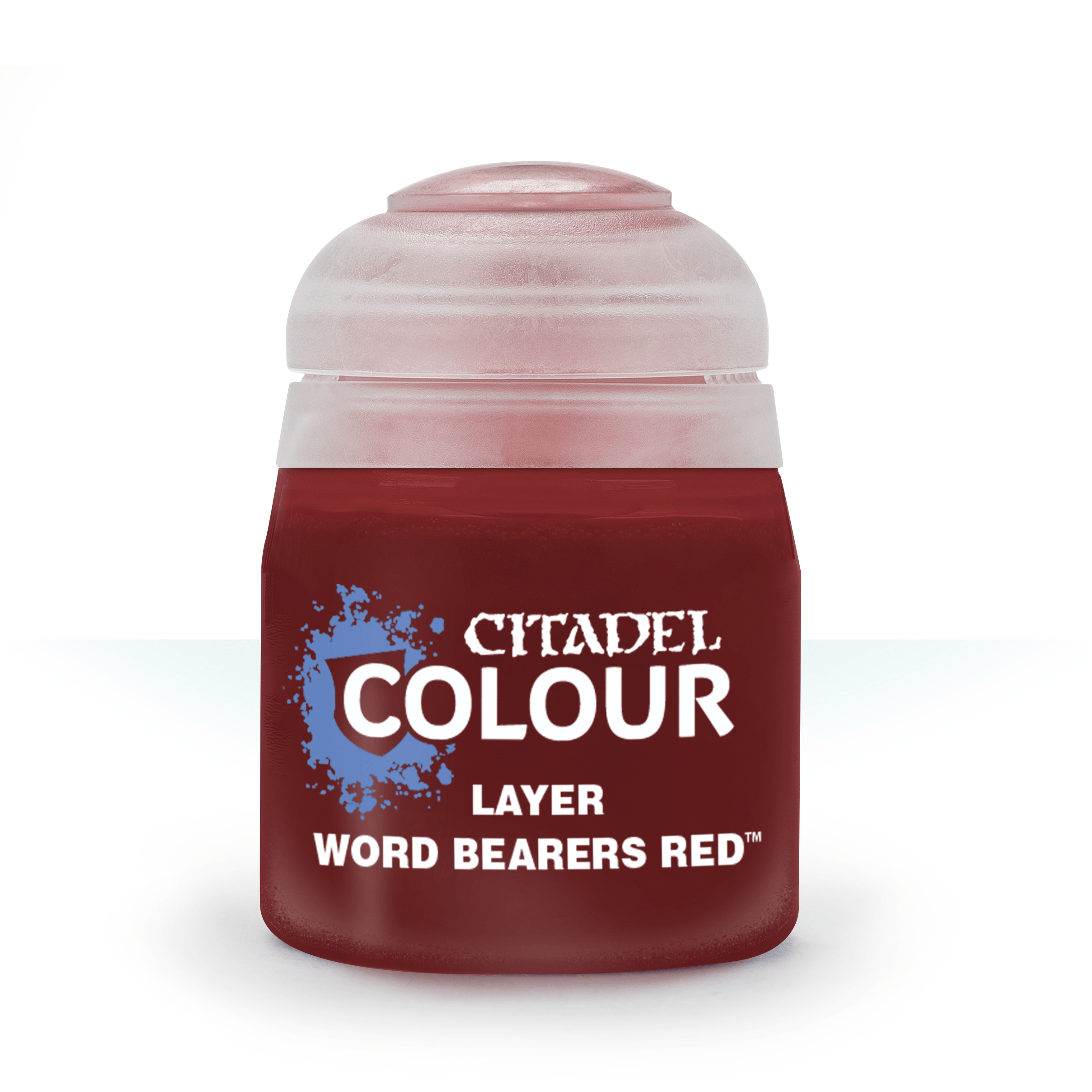 Citadel Layer Paint: Word Bearers Red - Small round plastic paint pot with a deep red label reading Citadel Colour Layer Word Bearers Red and a translucent frosted.