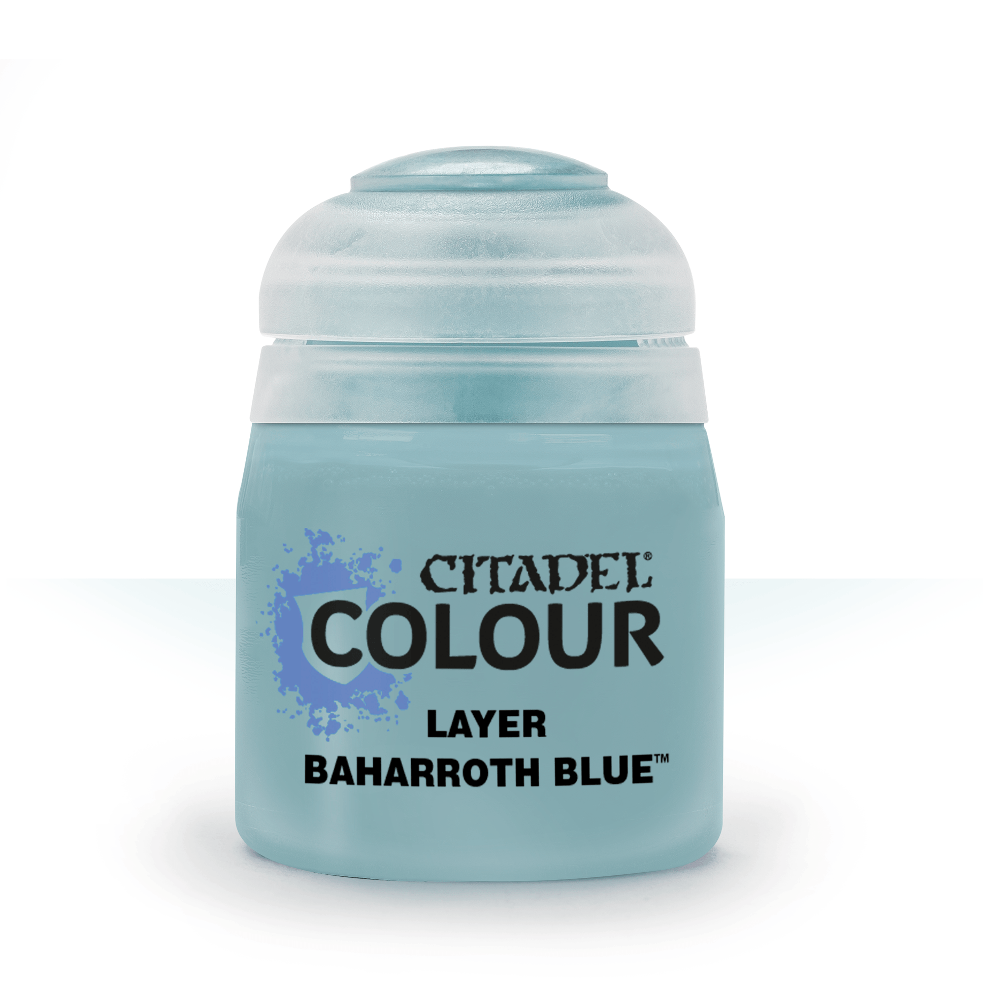 Citadel Layer Paint: Baharroth Blue - Small frosted plastic pot of Citadel Layer Paint in vibrant Baharroth Blue with black and blue label text.