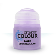Citadel Layer Paint: Dechala Lilac - Small plastic paint pot in soft lilac shade labeled Citadel Colour Layer Dechala Lilac with purple splatter design on front.