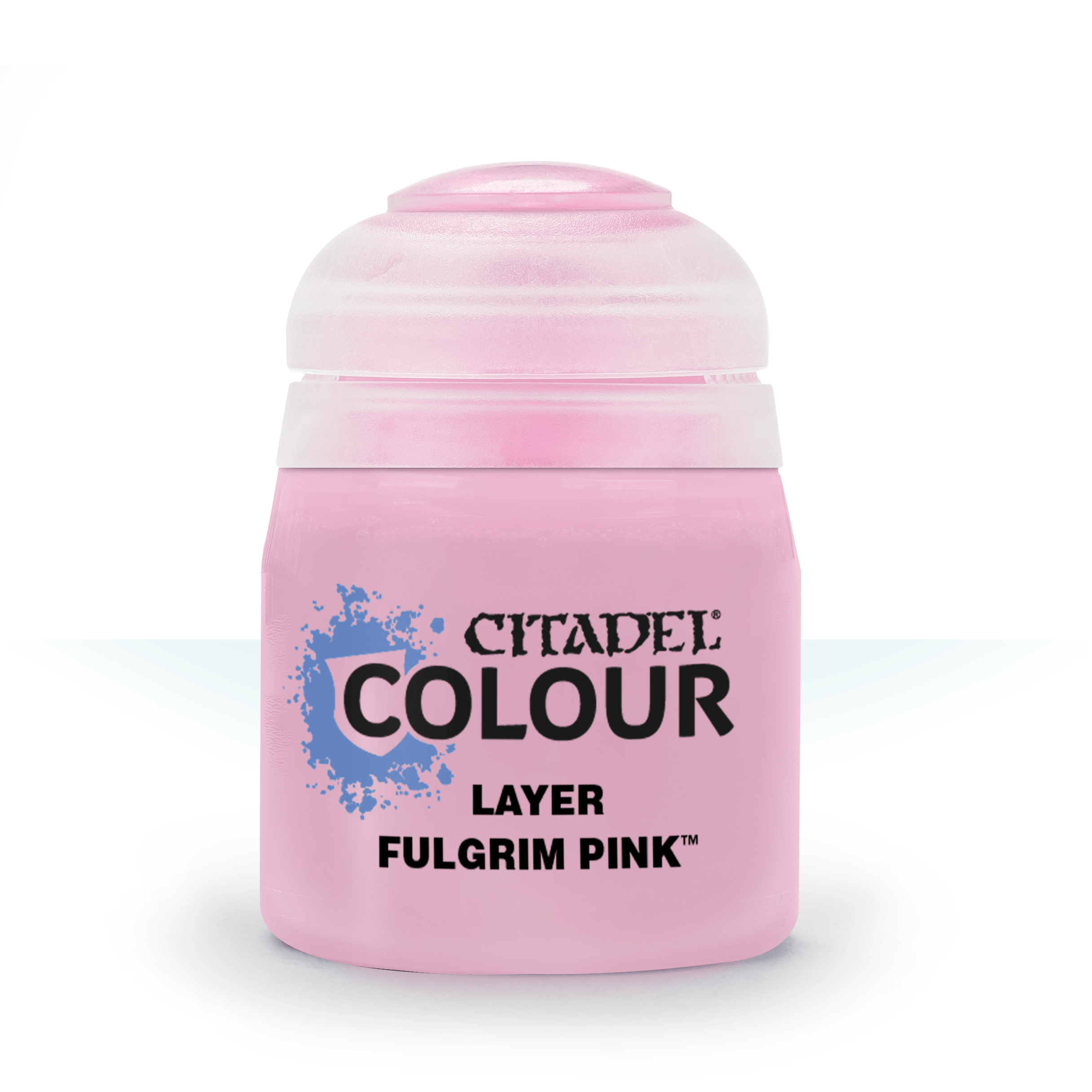 Citadel Layer Paint: Fullgrim Pink - Small cylindrical plastic pot of matte pink paint labeled Citadel Colour Layer Fulgrim Pink designed for miniature painting.