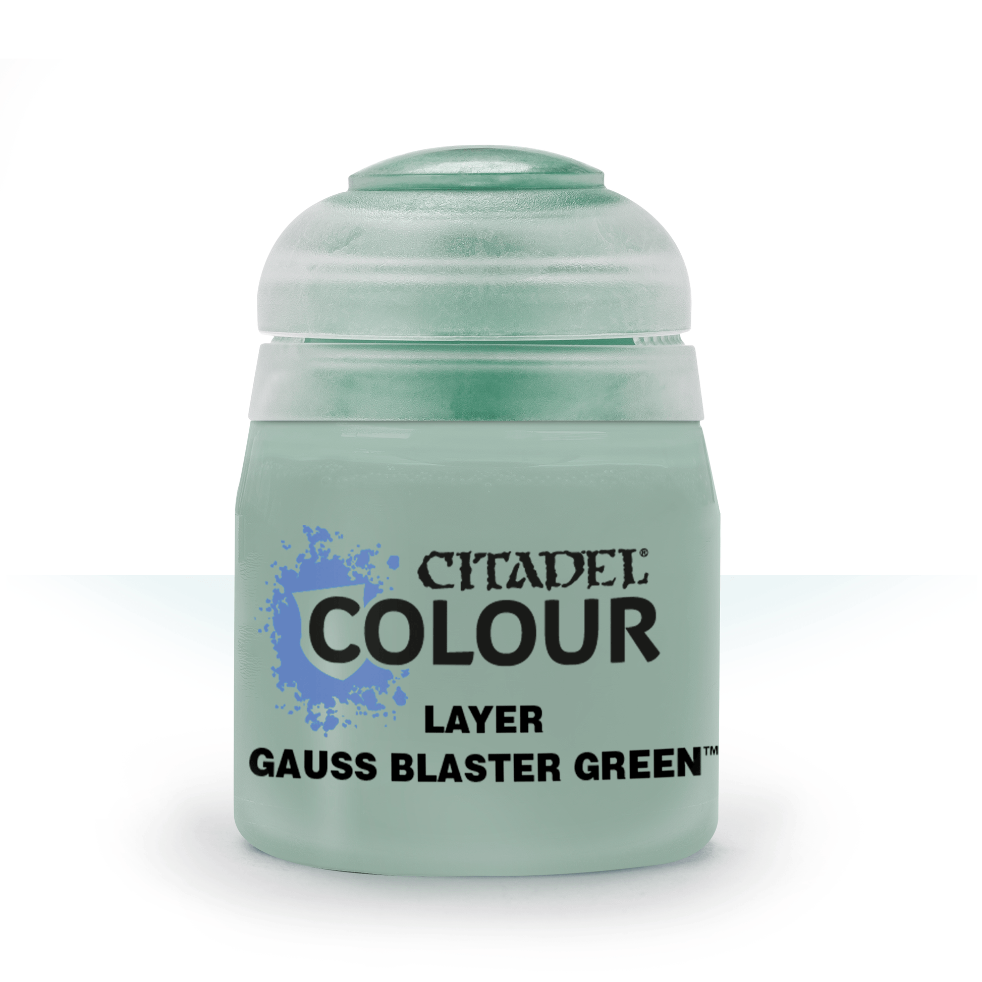 Citadel Layer Paint: Gauss Blaster Green - Small frosted plastic pot of Citadel Colour Layer paint in muted green shade labeled Gauss Blaster Green with black and blue
