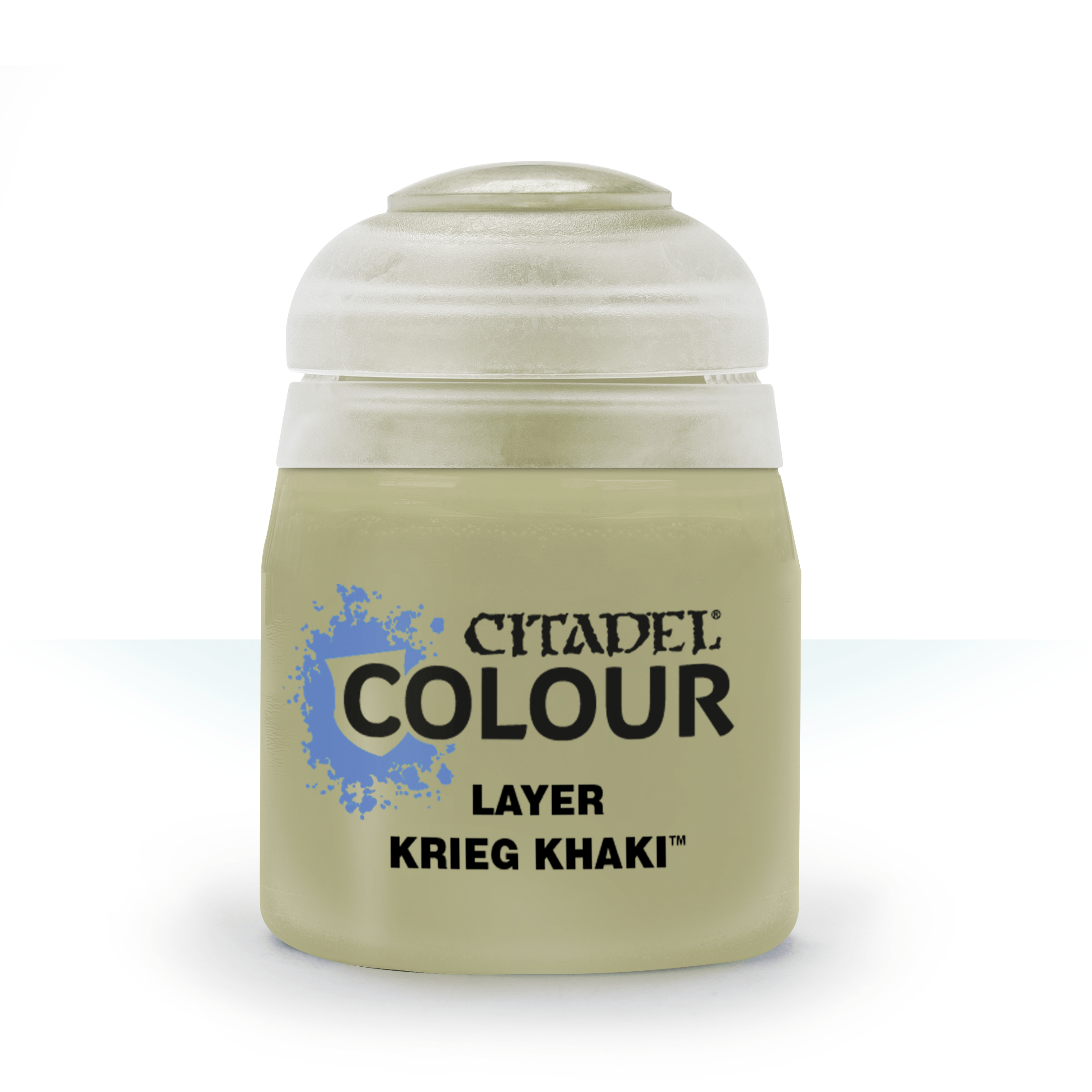 Citadel Layer Paint: Krieg Khaki - Small frosted glass paint pot with beige-green Krieg Khaki paint, black and blue Citadel Colour Layer label.