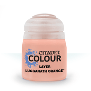 Citadel Layer Paint: Lugganath Orange - Small frosted plastic pot of Citadel Colour Layer paint in Lugganath Orange with black and blue label text.