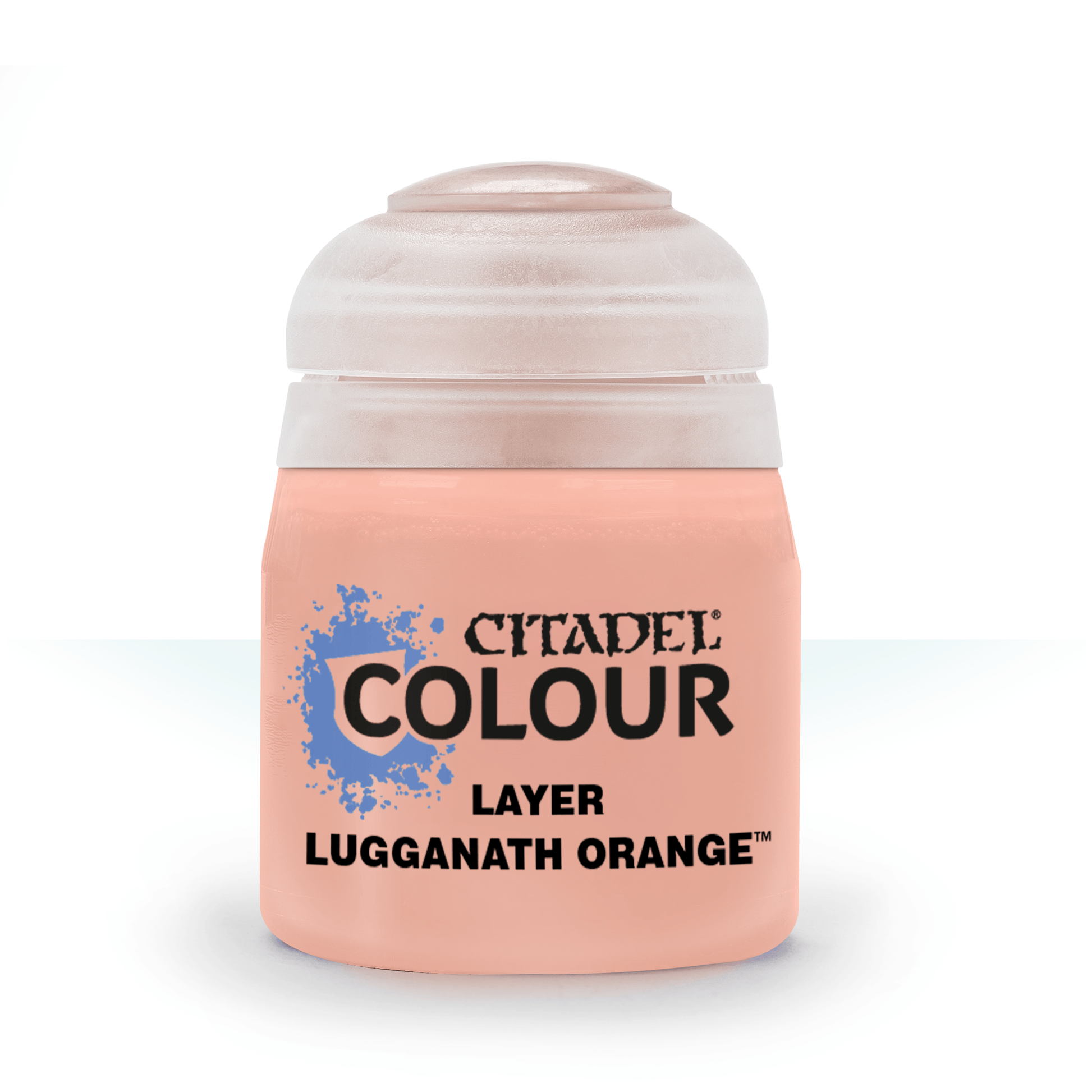 Citadel Layer Paint: Lugganath Orange - Small frosted plastic pot of Citadel Colour Layer paint in Lugganath Orange with black and blue label text.