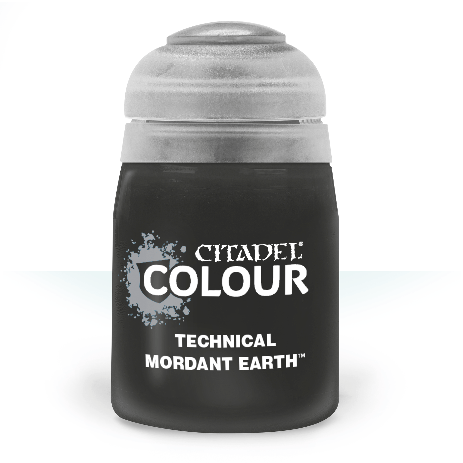 Citadel Technical Paint: Mordant Earth - Small black plastic paint pot with rounded translucent lid, labeled Citadel Colour Technical Mordant Earth paint.