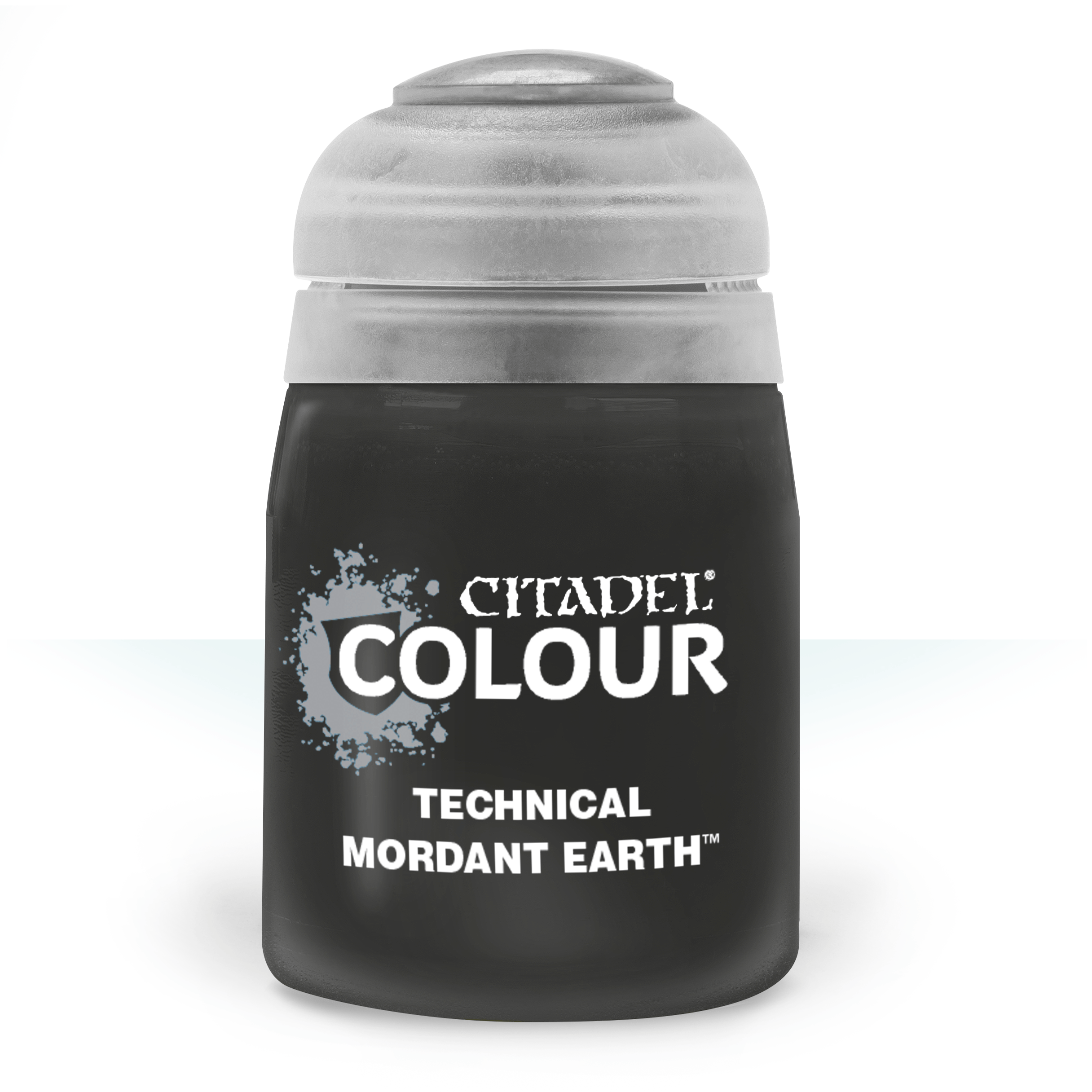 Citadel Technical Paint: Mordant Earth - Small black plastic paint pot with rounded translucent lid, labeled Citadel Colour Technical Mordant Earth paint.