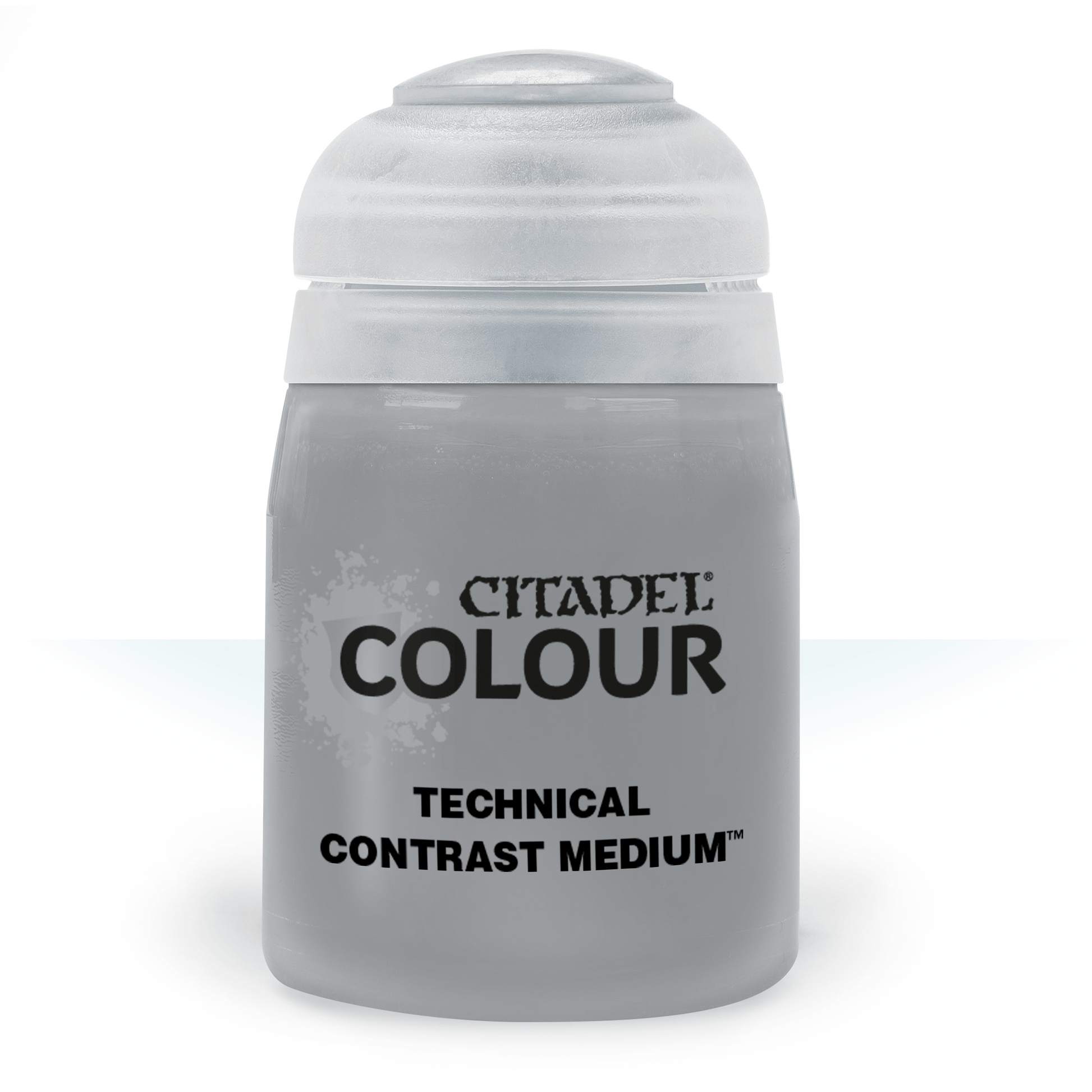 Citadel Technical Paint: Contrast Medium - Small frosted plastic bottle of Citadel Colour Technical Contrast Medium paint with a white, rounded cap and black label.