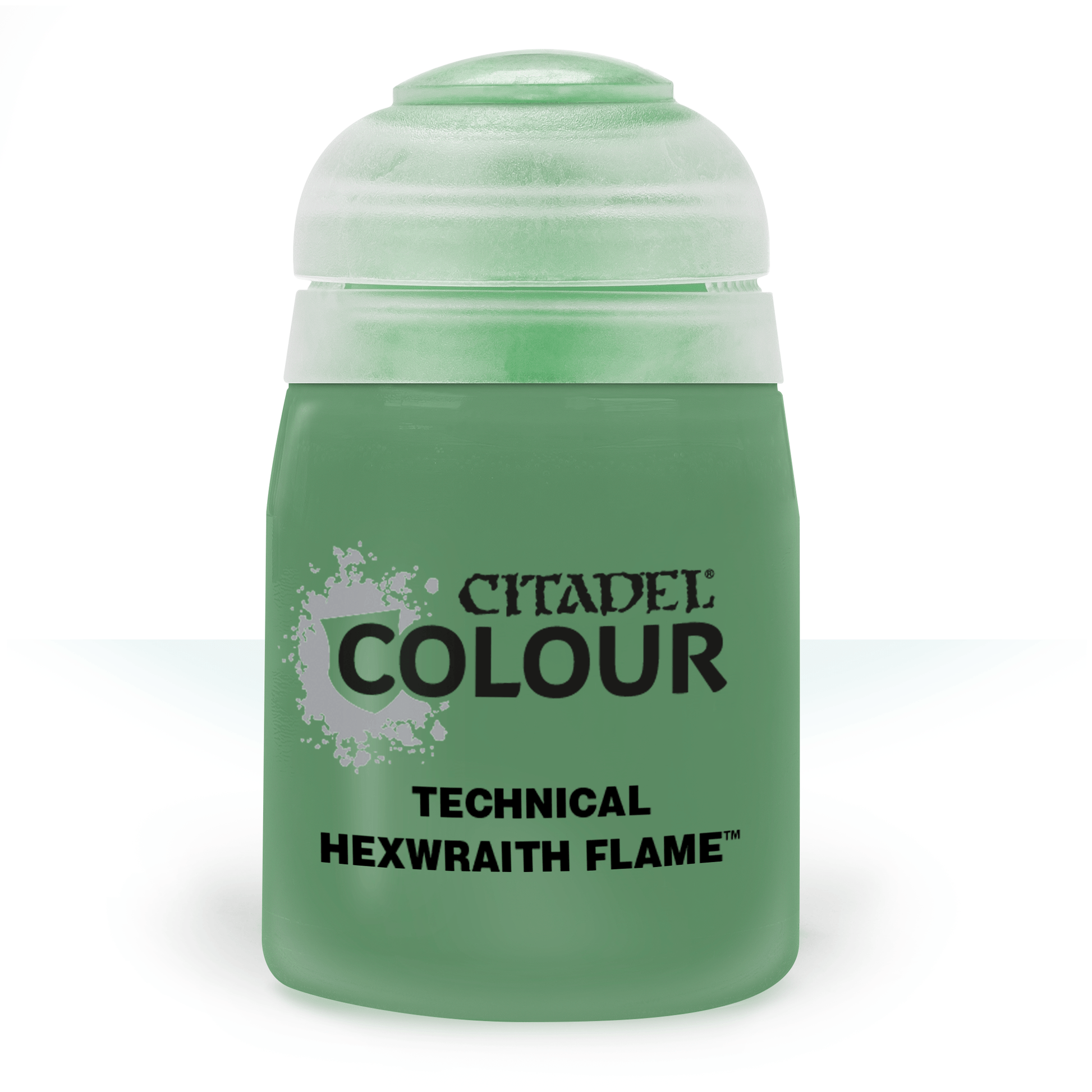 Citadel Contrast Paint: Hexwraith Flame - Citadel Colour Technical Hexwraith Flame paint pot with a frosted green lid and black text on a green bottle.