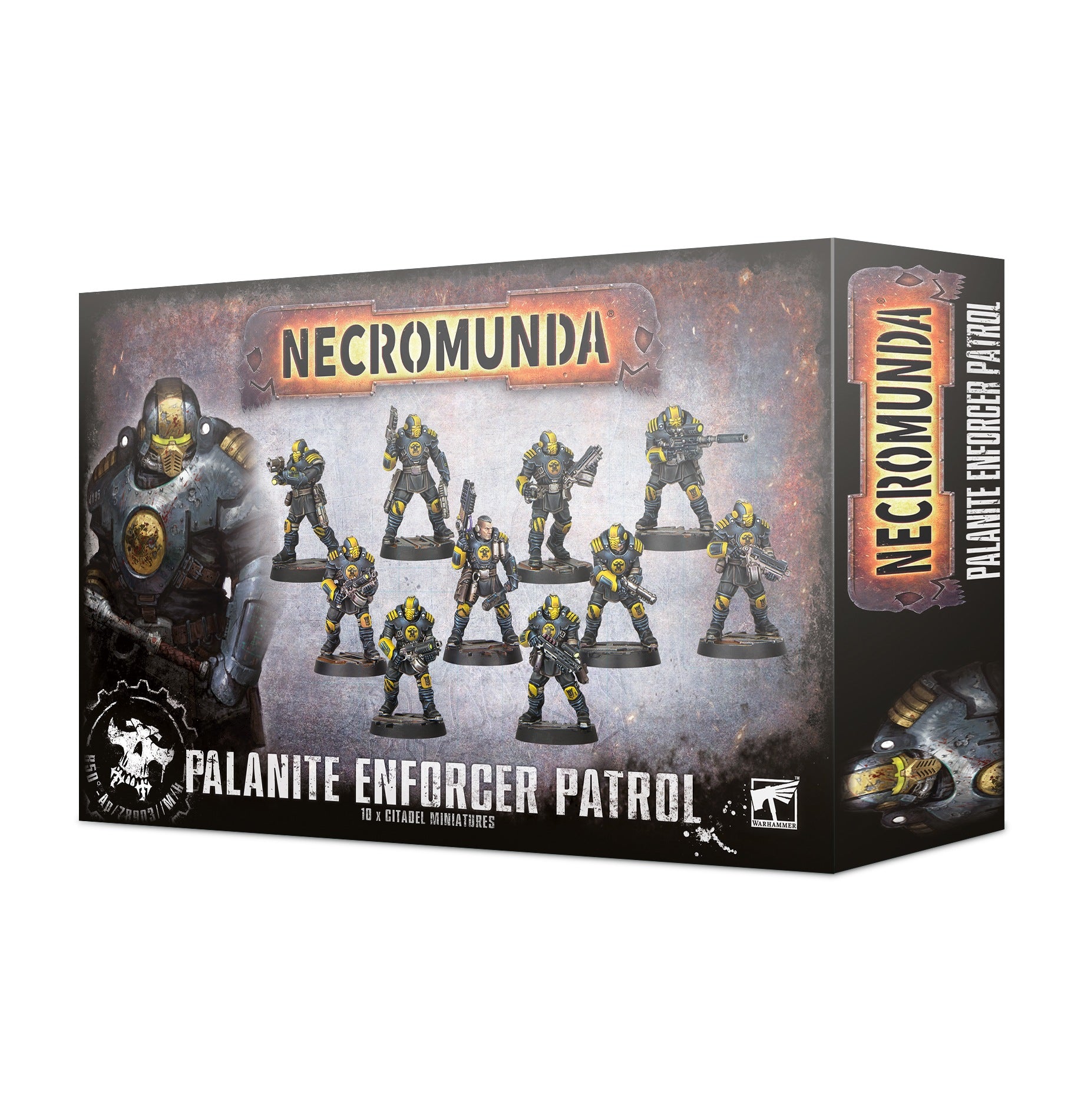 Warhammer Necromunda - Palanite Enforcer Patrol - Boxed set of Warhammer Necromunda Palanite Enforcer Patrol miniatures featuring armored soldiers in black and yellow suits.