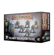 Warhammer Necromunda - Palanite Subjugator Patrol - Boxed Warhammer Necromunda Palanite Subjugator Patrol with armored miniature figures in blue and gold power armor wielding.