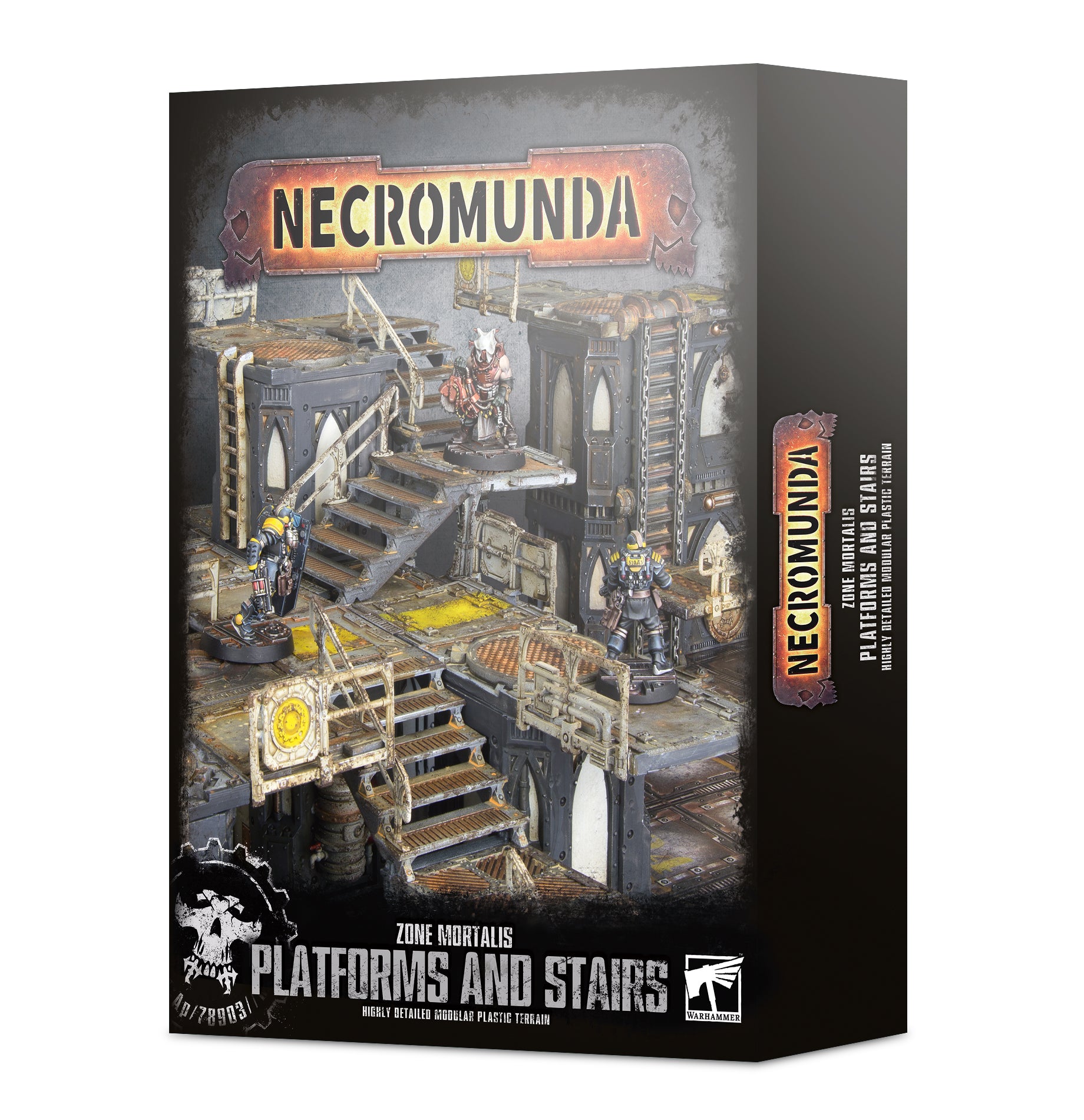 Warhammer Necromunda - Zone Mortalis - Platforms and Stairs - Warhammer Necromunda Zone Mortalis terrain kit featuring gray industrial platforms and stairs with yellow hazard markings.