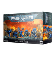 Warhammer 40,000 - Space Marines - Devastator Squad - Boxed Warhammer 40,000 Space Marines Devastator Squad with six blue-armored miniatures and heavy weapons displayed on the.