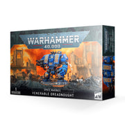 Warhammer 40,000 - Space Marines - Venerable Dreadnought - Warhammer 40,000 Venerable Dreadnought model box featuring detailed blue armored robotic figure with weapons, set against a.