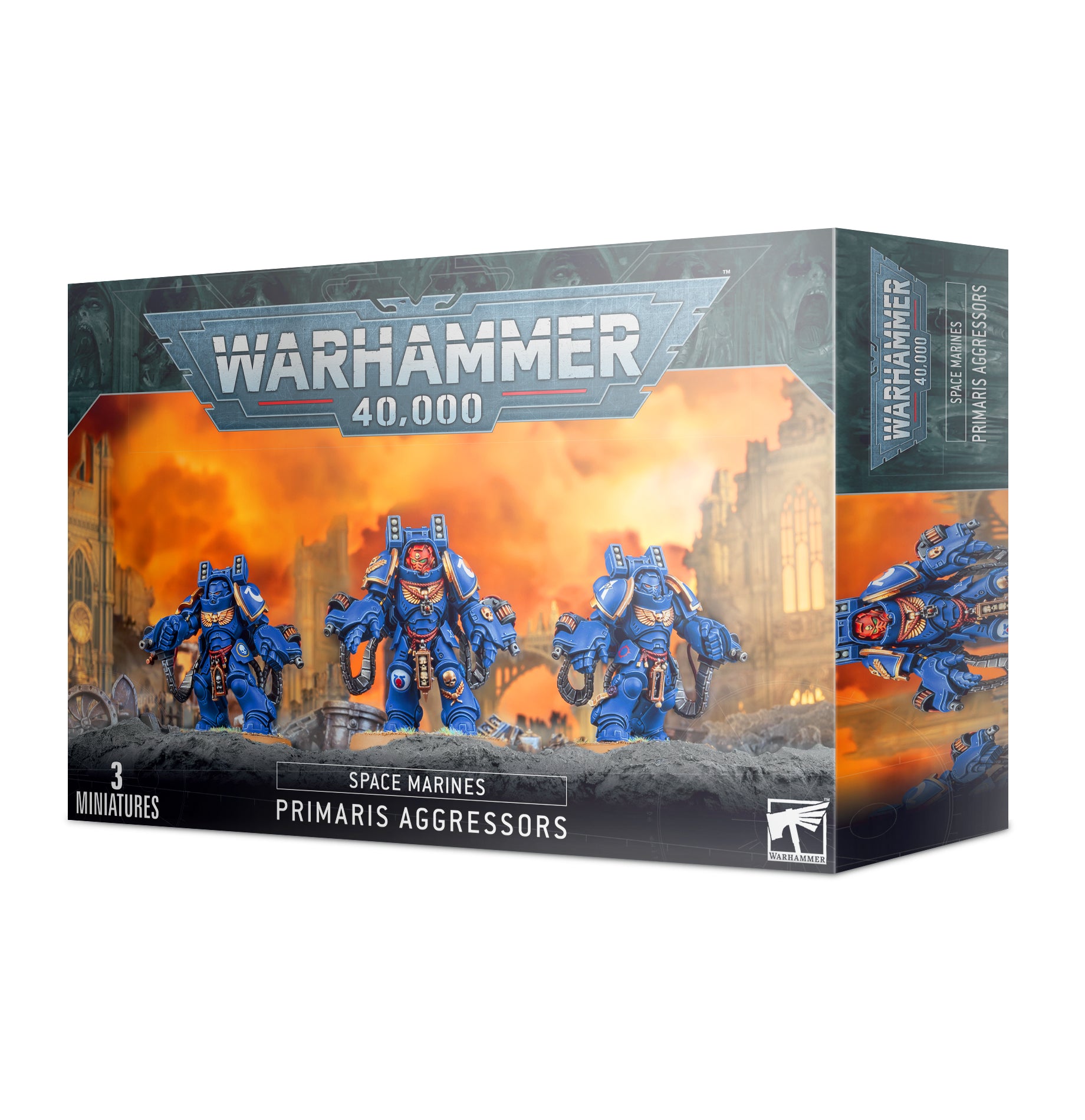 Warhammer 40,000 - Space Marines - Primaris Aggressors - Warhammer 40,000 Primaris Aggressors box showing blue armored Space Marine miniatures with heavy weapons against an orange.