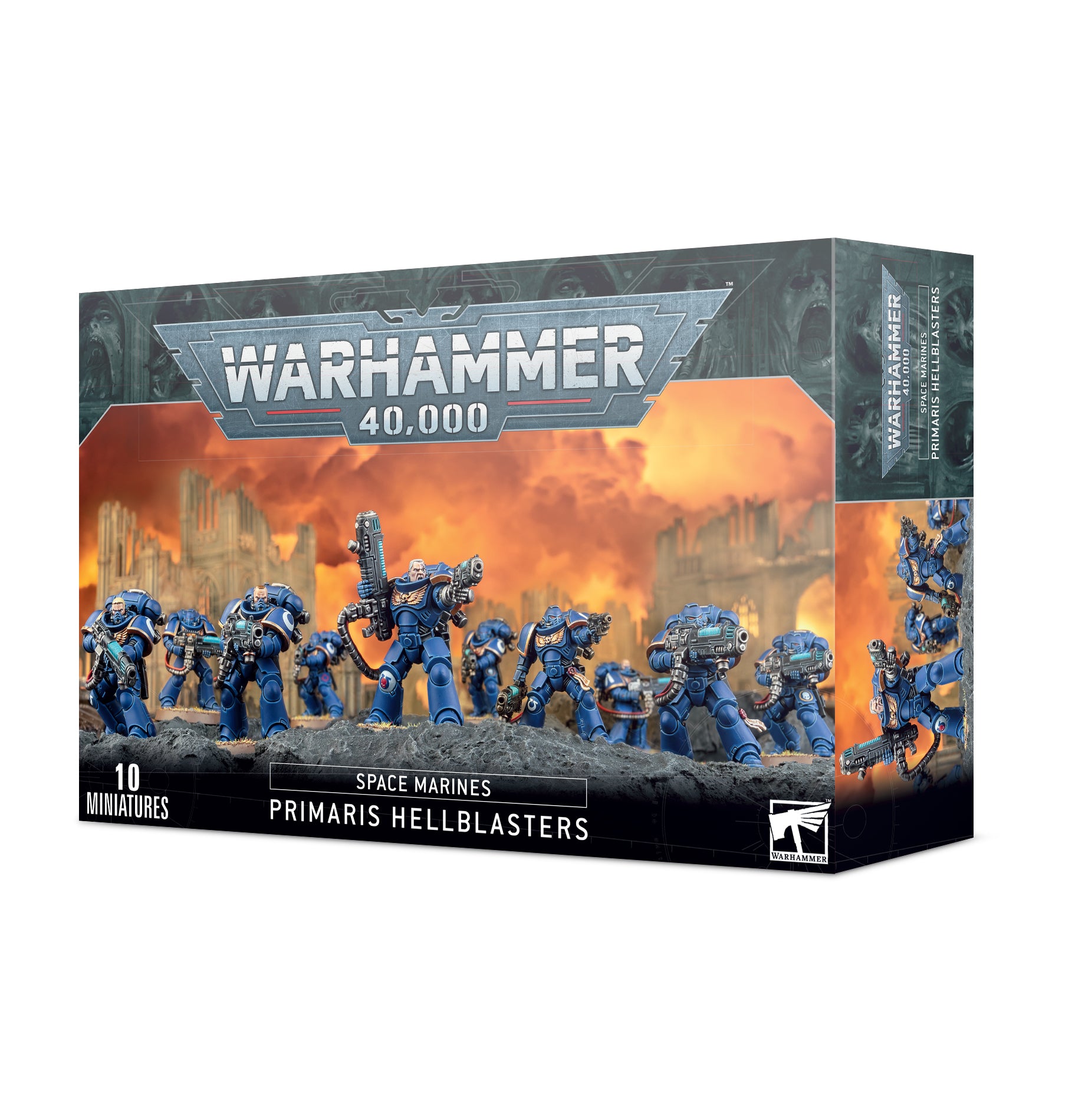 Warhammer 40,000 - Space Marines - Primaris Hellblasters - Boxed set of blue-armored Space Marines Primaris Hellblasters with plasma weapons, Warhammer 40,000 miniature models.