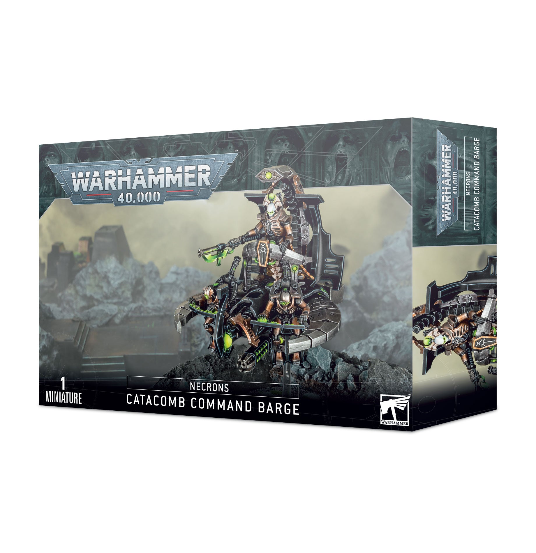 Warhammer 40,000 - Necrons - Catacomb Command Barge - Warhammer 40,000 Necrons Catacomb Command Barge model kit box featuring a metallic green and black futuristic flying vehicle