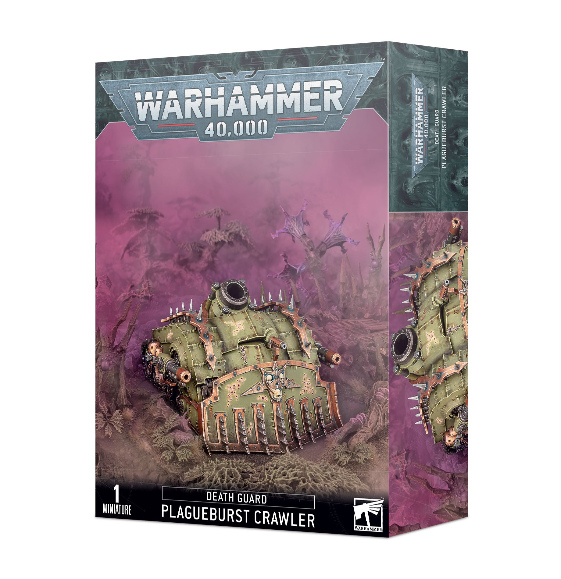 Warhammer 40,000 - Death Guard - Plagueburst Crawler - Warhammer 40,000 Death Guard Plagueburst Crawler model box with green armored vehicle and spiked details against purple.