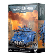 Warhammer 40,000 - Space Marines - Primaris Repulsor Executioner - Blue armored futuristic tank model with heavy weaponry and U-shaped insignia on the side, Warhammer 40,000 theme.