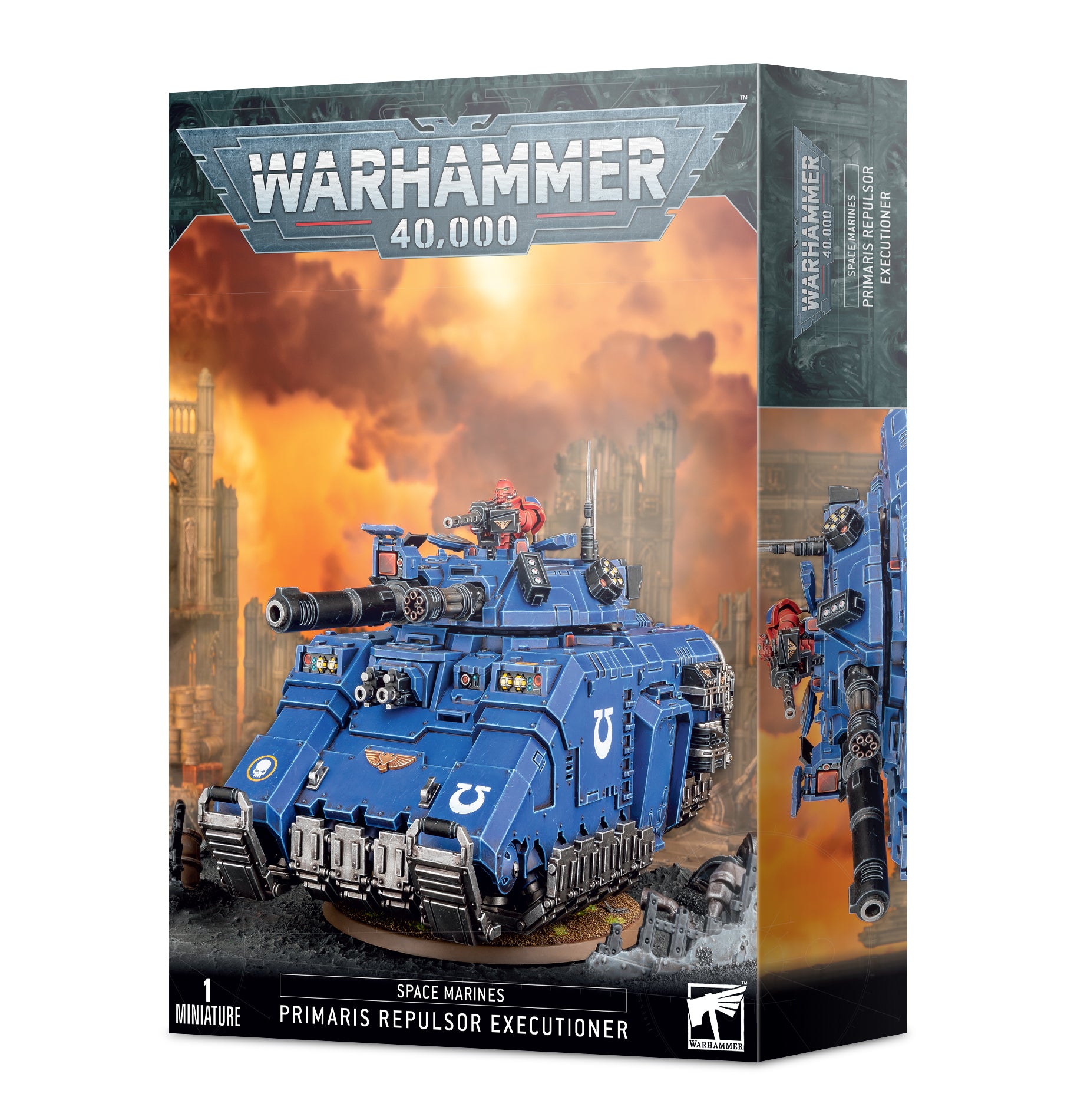 Warhammer 40,000 - Space Marines - Primaris Repulsor Executioner - Blue armored futuristic tank model with heavy weaponry and U-shaped insignia on the side, Warhammer 40,000 theme.