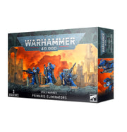 Warhammer 40,000 - Space Marines - Eliminators - Warhammer 40,000 Space Marines Primaris Eliminators box with sci-fi city battlefield art and three armored figures.