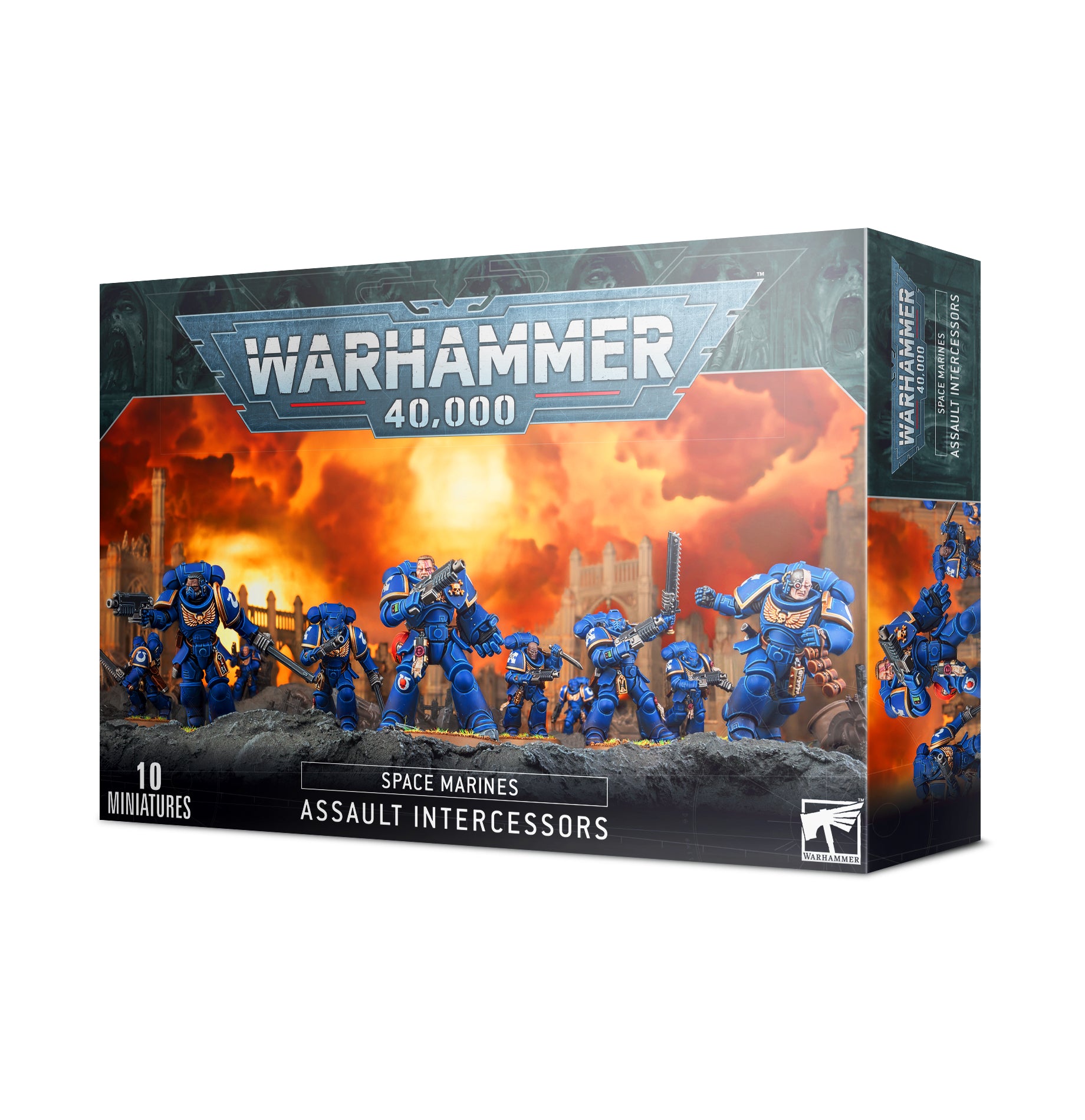 Warhammer 40,000 - Space Marines - Assault Intercessors - Warhammer 40,000 Space Marines Assault Intercessors box with blue armored miniatures holding assault rifles against fiery.