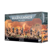 Warhammer 40,000 - Drukhari - Wyches - Warhammer 40,000 Drukhari Wyches box featuring dark armored miniatures posed dynamically on a battlefield with fiery orange.