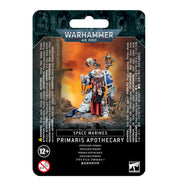 Warhammer 40,000 - Space Marines - Primaris Apothecary - Warhammer 40,000 Primaris Apothecary miniature with white and red armor, medical tools, and skull-themed details on black.