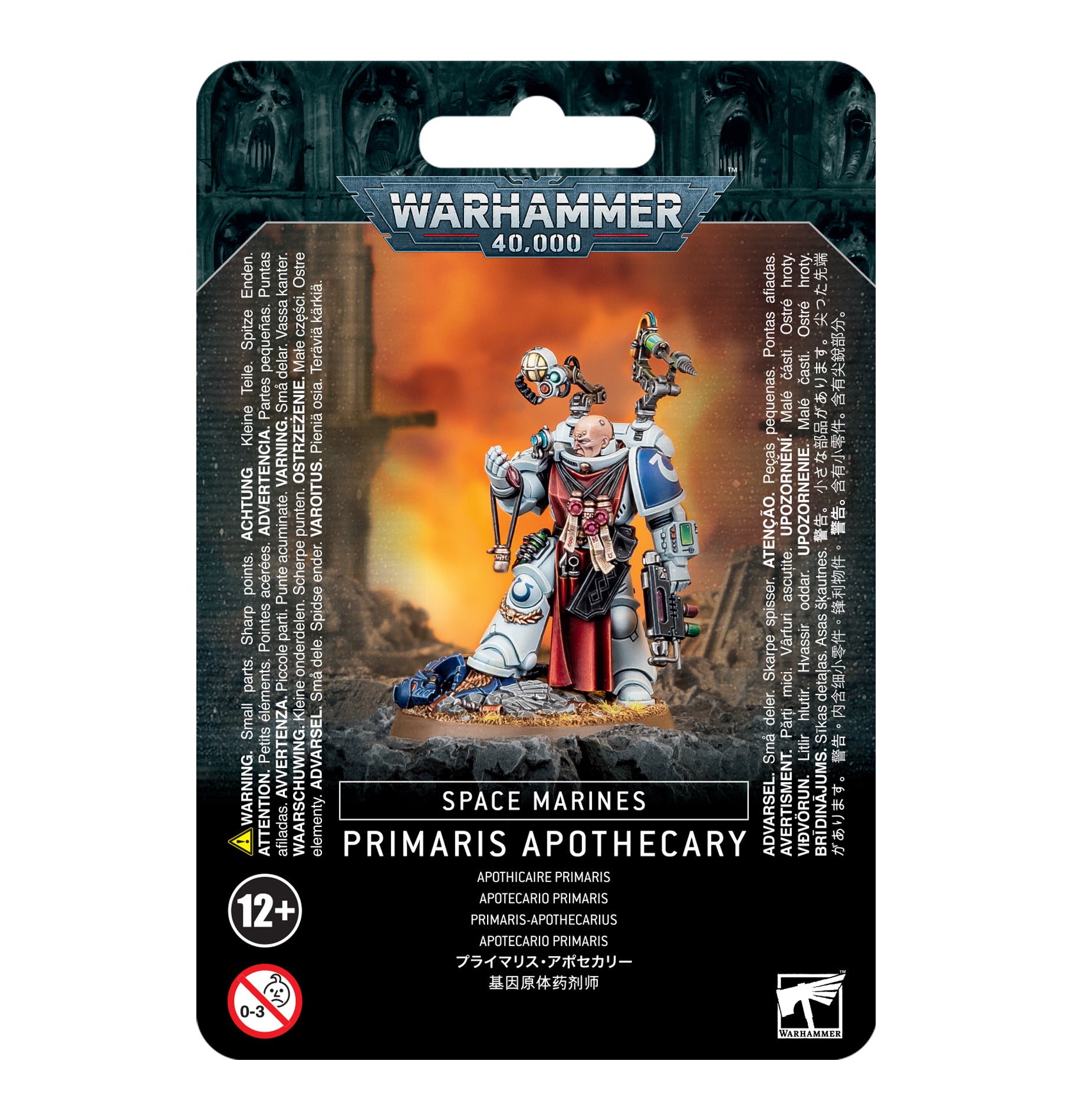 Warhammer 40,000 - Space Marines - Primaris Apothecary - Warhammer 40,000 Primaris Apothecary miniature with white and red armor, medical tools, and skull-themed details on black.